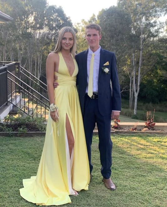 omberprom Elegant Formal Women's Dresses Deep V Neck Yellow A Line Long Prom Dress With Slit