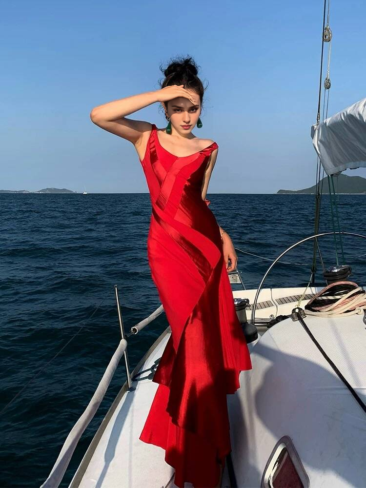 omberprom Elegant Red Mermaid Ruffle Long Prom Dress Formal Evening Gown J4795