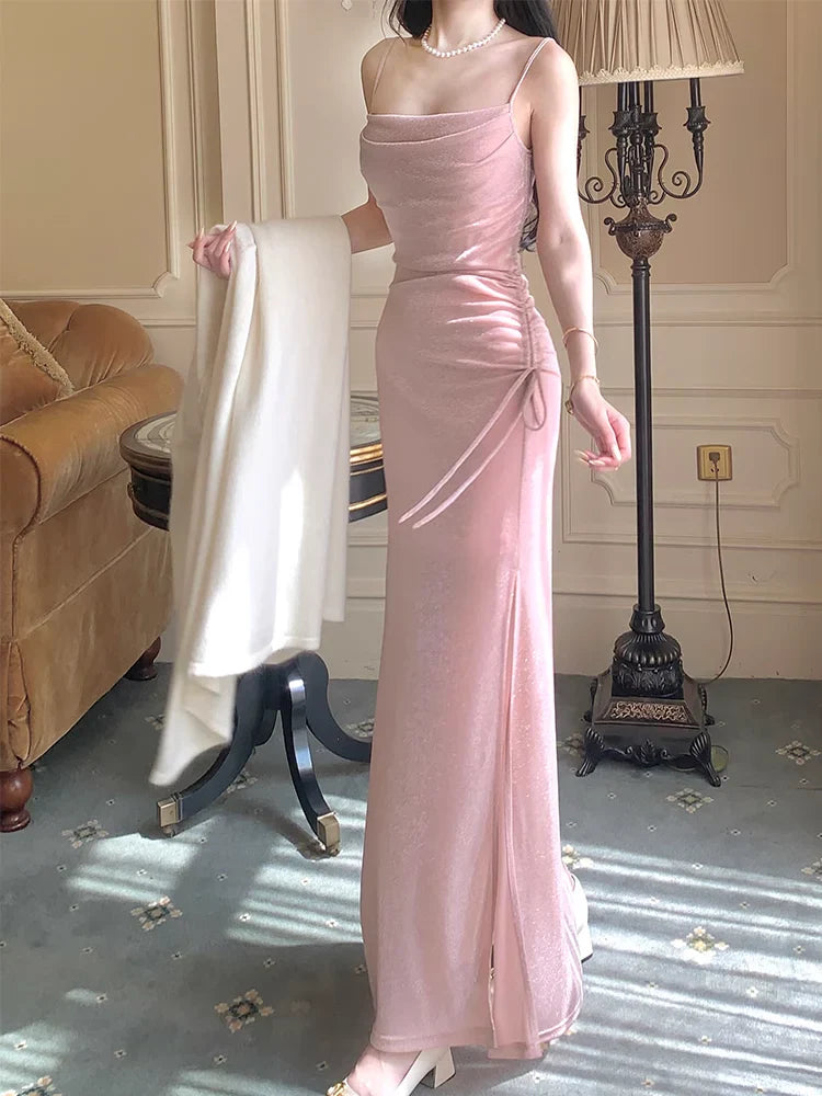 omberprom Elegant Formal Women's Dresses Spaghetti Straps Pink Sparkling Long Prom Dress Formal Party Gown