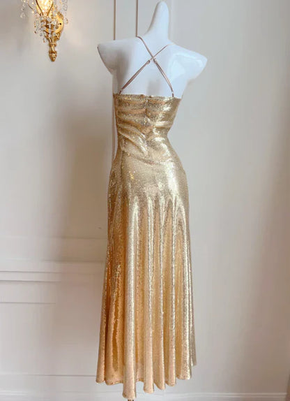omberprom Elegant Dresses Gowns Evening Dresses Spaghetti Straps Gold Sequin Long Prom Dress Evening Party Gown