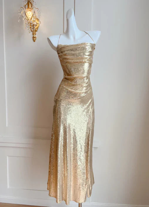 omberprom Elegant Dresses Gowns Evening Dresses Spaghetti Straps Gold Sequin Long Prom Dress Evening Party Gown