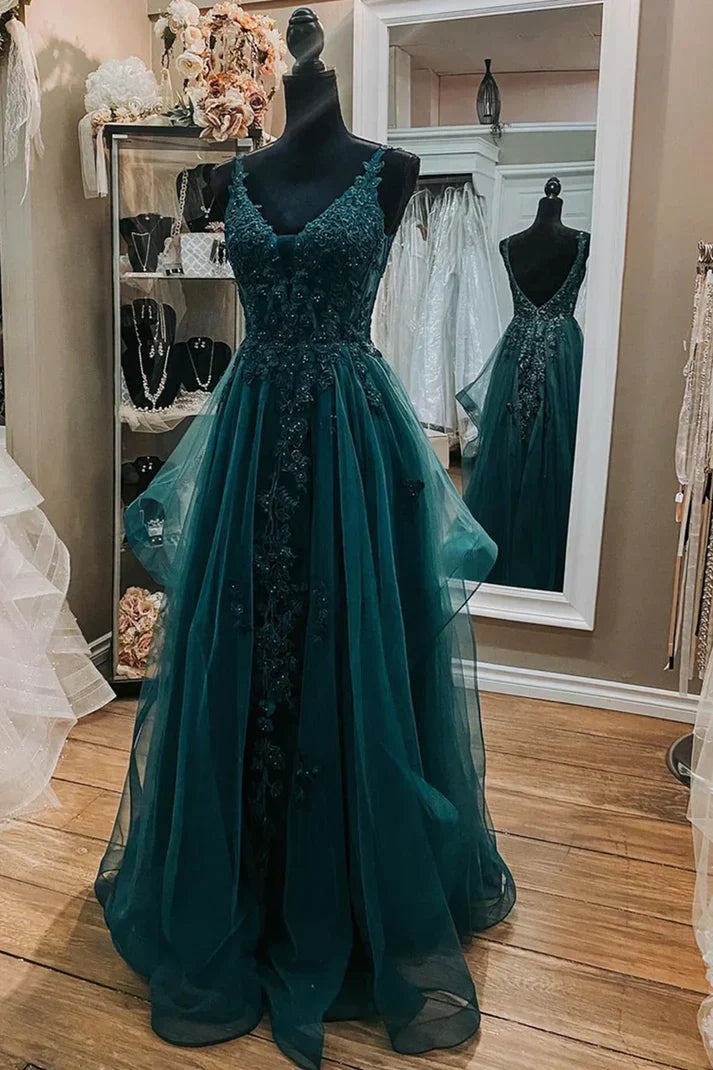 omberprom Elegant Dresses Gowns Evening Dresses V Neck Dark Green Lace Long Prom Dresses A Line Tulle Evening Dresses