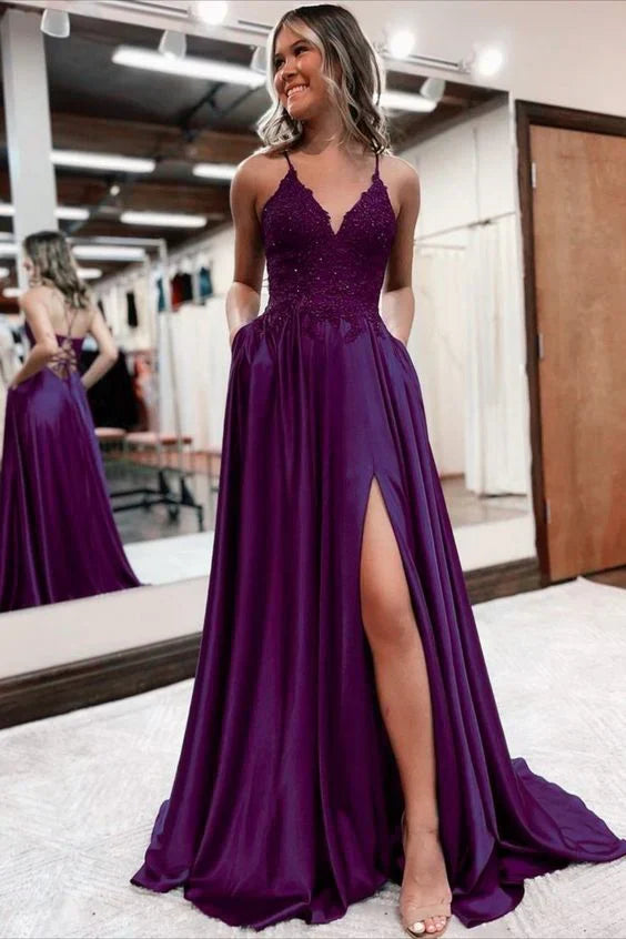 omberprom Elegant Formal Women's Dresses A Line Satin Long Prom Dresses Appliques Split Formal Dress