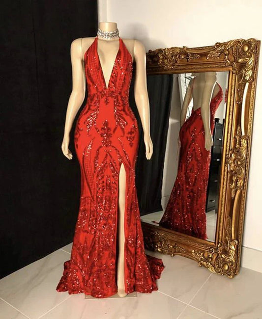 omberprom Elegant V-neck Formal Women's Dresses Mermaid Long Prom Dress Slit Sequin Evening Dress