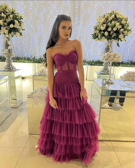 omberprom Elegant Strapless A Line Prom Dress Layered Evening Gown Formal Women's Dresses