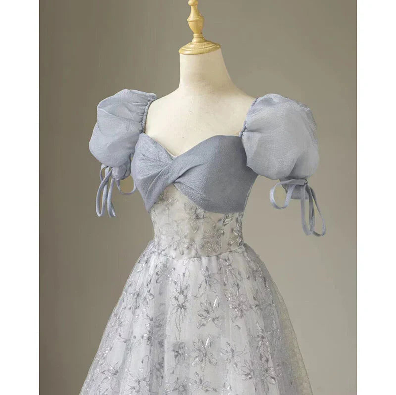 omberprom Elegant Formal Women's Dresses Cute Floral Printed Long Prom Dress A Line Puff Sleeves Blue Party Gown