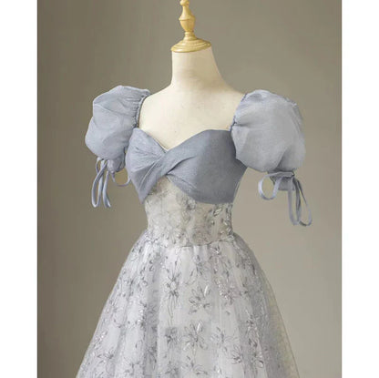 omberprom Elegant Formal Women's Dresses Cute Floral Printed Long Prom Dress A Line Puff Sleeves Blue Party Gown