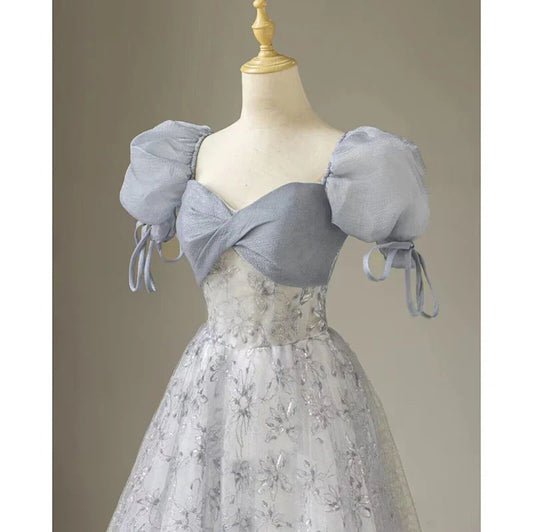 omberprom Elegant Formal Women's Dresses Cute Floral Printed Long Prom Dress A Line Puff Sleeves Blue Party Gown