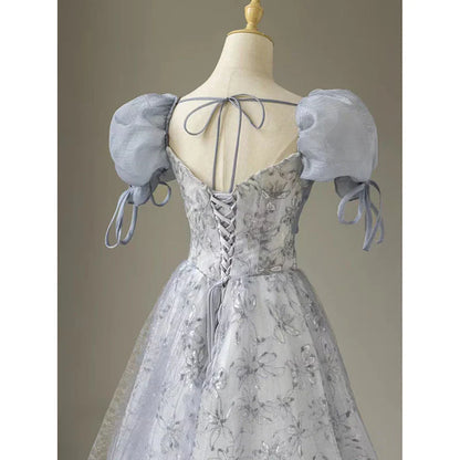 omberprom Elegant Formal Women's Dresses Cute Floral Printed Long Prom Dress A Line Puff Sleeves Blue Party Gown