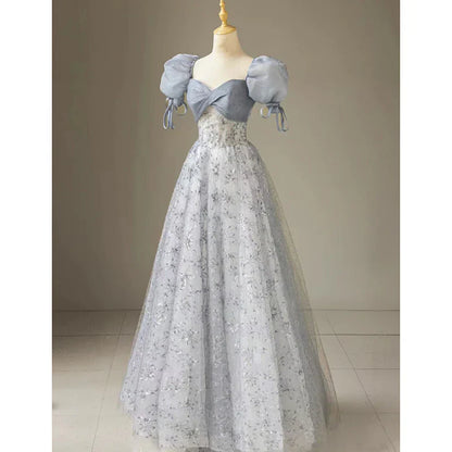 omberprom Elegant Formal Women's Dresses Cute Floral Printed Long Prom Dress A Line Puff Sleeves Blue Party Gown