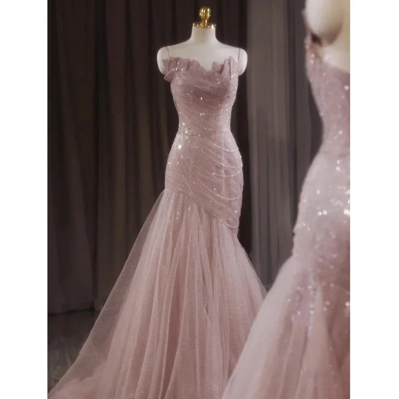 omberprom Elegant Dresses Gowns Evening Dresses Pink Shiny Tulle Mermaid Prom Dress Fairy Formal Evening Dress