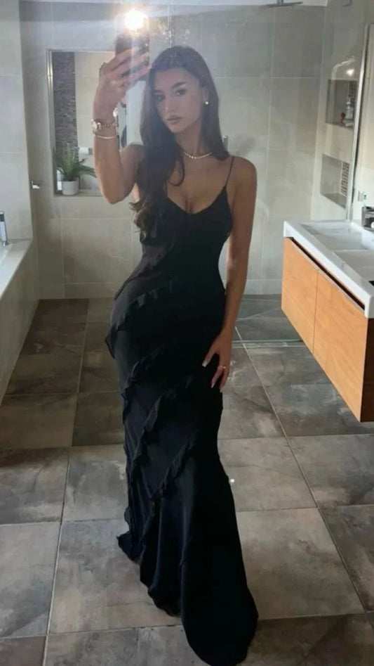 omberprom Elegant Spaghetti Straps Black Sheath Ruffle Long Prom Dress Formal Evening Gown