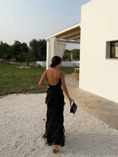 omberprom Elegant Spaghetti Straps Black Sheath Ruffle Long Prom Dress Formal Evening Gown