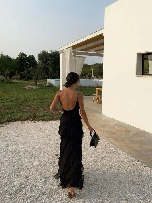 omberprom Elegant Spaghetti Straps Black Sheath Ruffle Long Prom Dress Formal Evening Gown