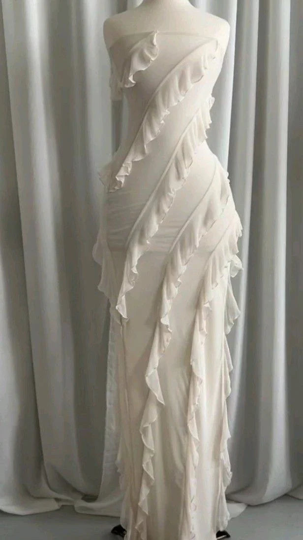 omberprom Elegant Dresses Evening Wear Strapless Beige Long Prom Dress Ruffle Evening Party Dress