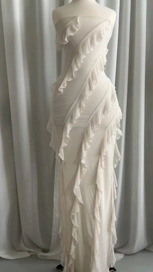 omberprom Elegant Dresses Evening Wear Strapless Beige Long Prom Dress Ruffle Evening Party Dress