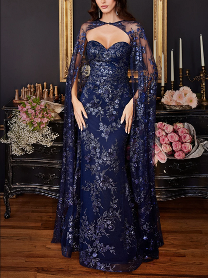 omberprom Fashion Gowns Evening Dresses Glitter Fitted Strapless Cape Gown Formal Dresses