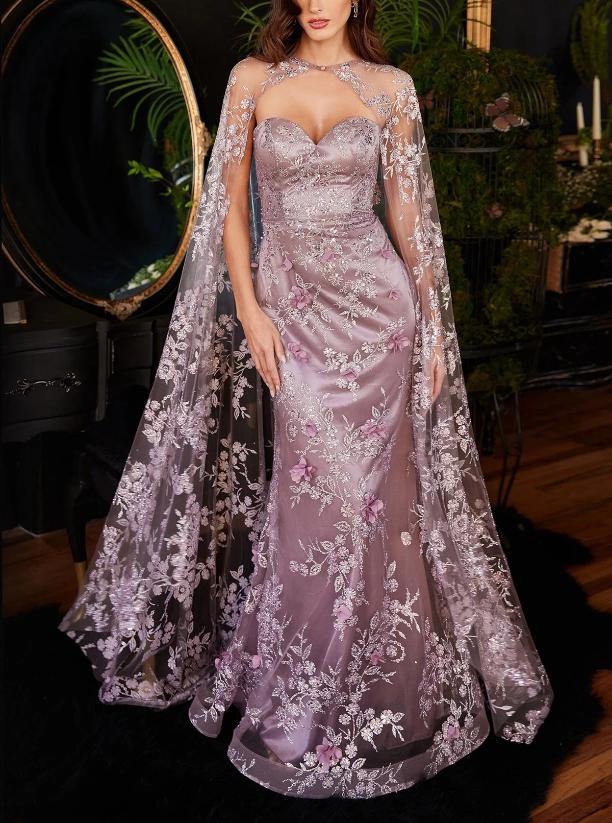 omberprom Fashion Gowns Evening Dresses Glitter Fitted Strapless Cape Gown Formal Dresses