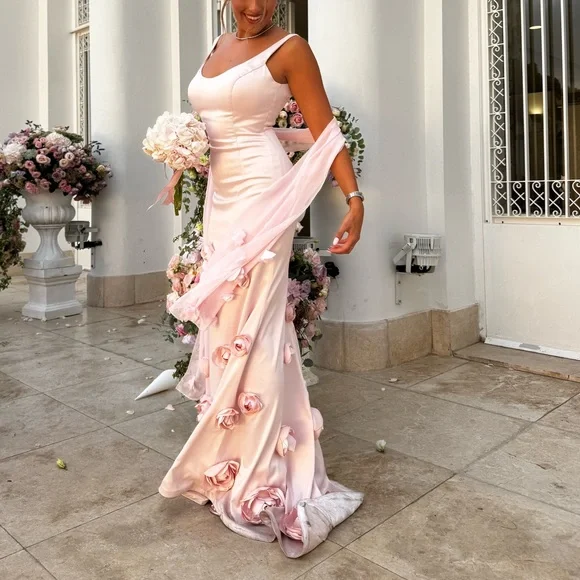 Pretty Pink Satin 3D Rose Flowers Mermaid Party Dress Long Evening Gown