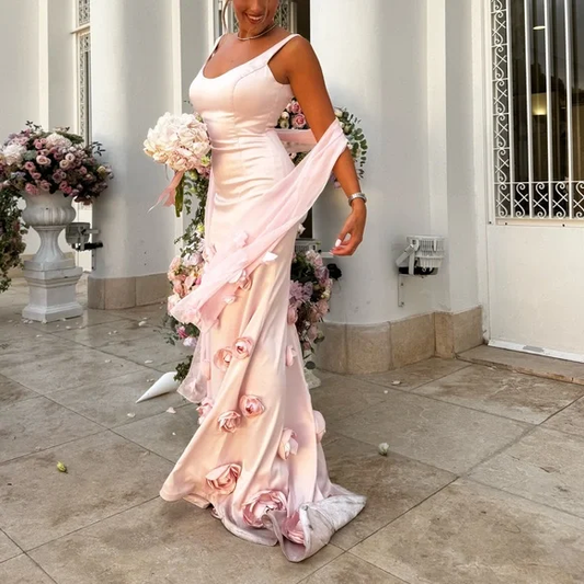Pretty Pink Satin 3D Rose Flowers Mermaid Party Dress Long Evening Gown