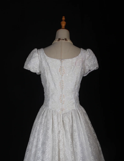 Pretty White Satin Beaded Floral Lace Ball Gown Formal Long Wedding Dress