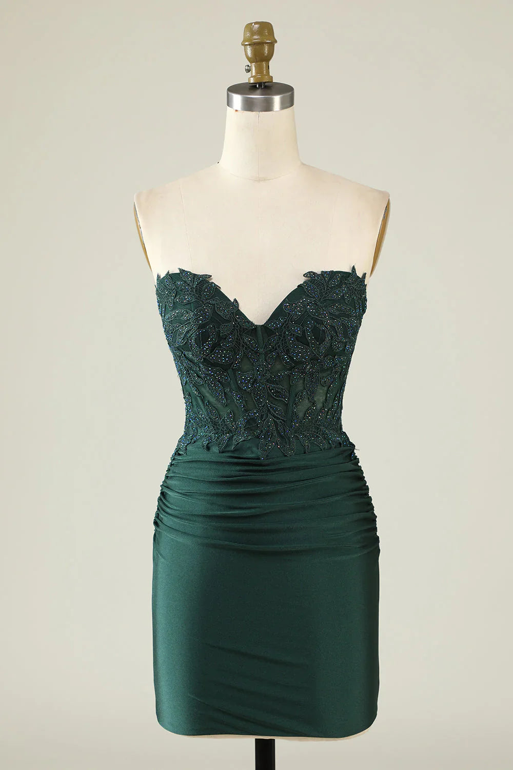 omberprom Short Homecoming Dress Dark Green Bodycon Strapless Applique with Beading