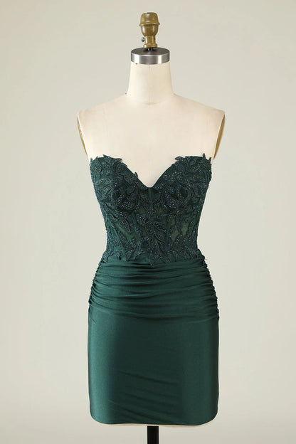 omberprom Short Homecoming Dress Dark Green Bodycon Strapless Applique with Beading
