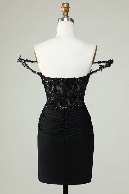 omberprom Short Homecoming Dress Unique Black Sheath Off the Shoulder Graduation Dresses with Appliques