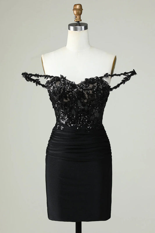 omberprom Short Homecoming Dress Unique Black Sheath Off the Shoulder Graduation Dresses with Appliques