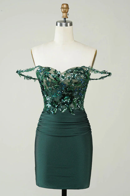 omberprom Sheath Off the Shoulder Short Homecoming Dress Dark Green with Appliques