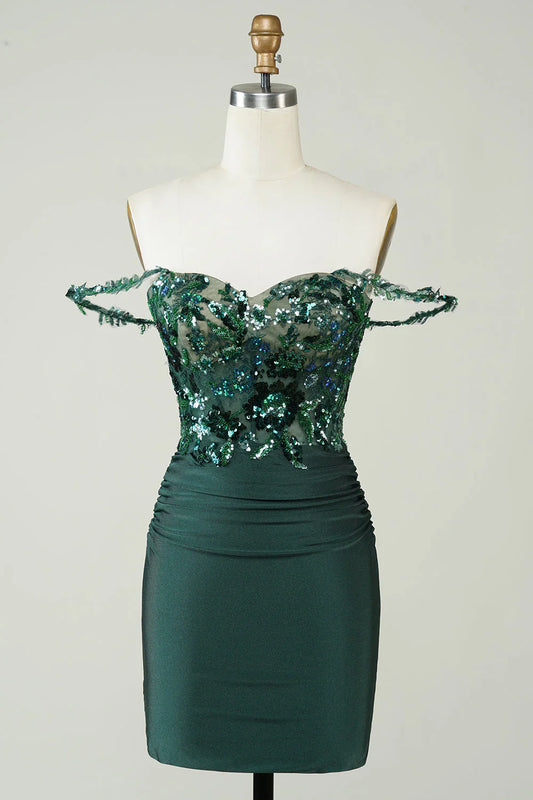 omberprom Short Homecoming Dress Unique Black Sheath Off the Shoulder Graduation Dresses with Appliques