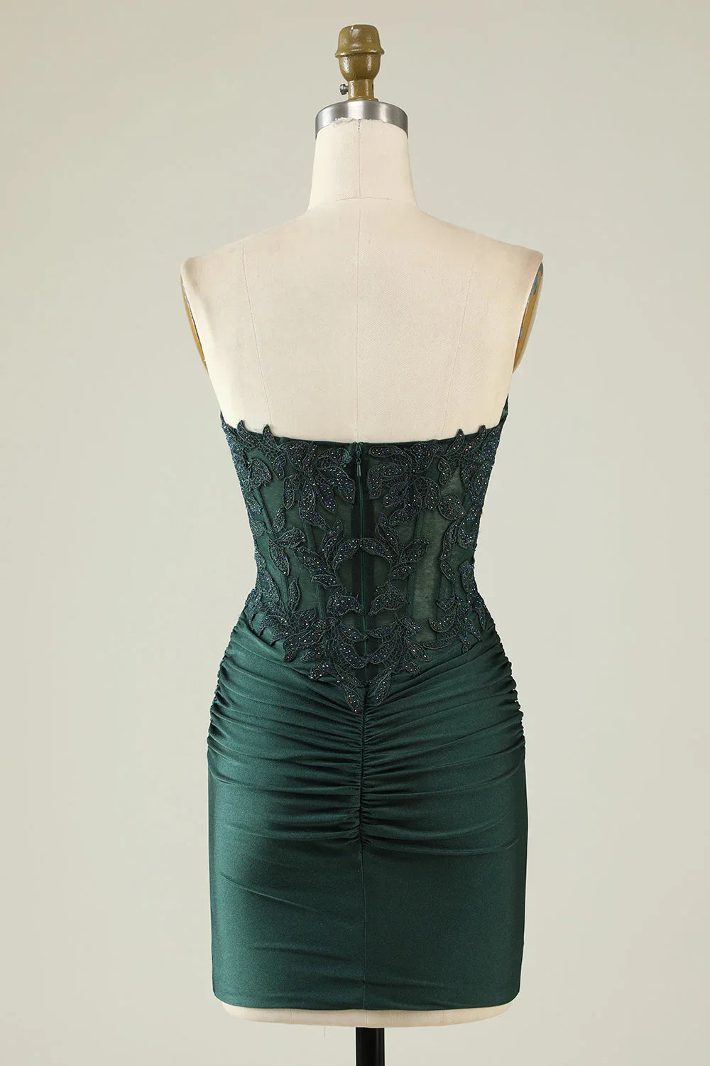 omberprom Short Homecoming Dress Dark Green Bodycon Strapless Applique with Beading
