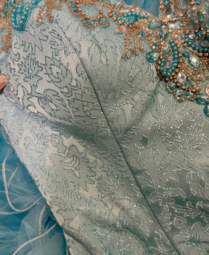 Elegant Blue Tulle Beaded Ruffles Long Ball Gown Formal Birthday Quinceanera Dress With Gloves