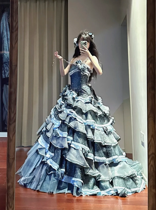 Shiny Strapless Tulle Satin Beaded Ball Gown Blue Layered Sweet 16 Dress Quinceanera Dress