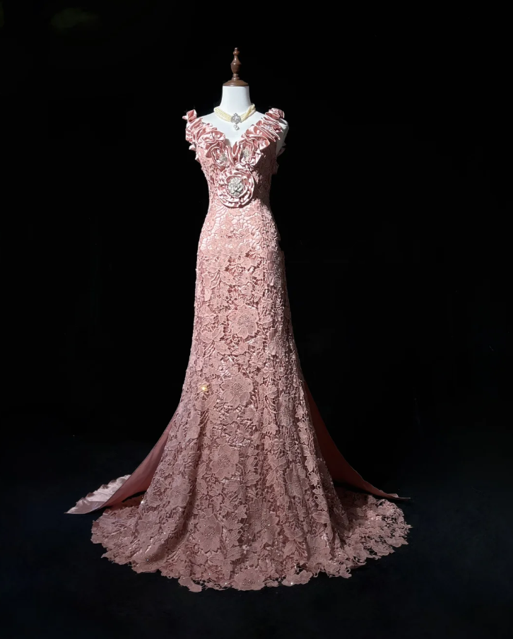 Pretty Pink V Neck Lace Mermaid Birthday Prom Dress Long evening Dress Party Gown