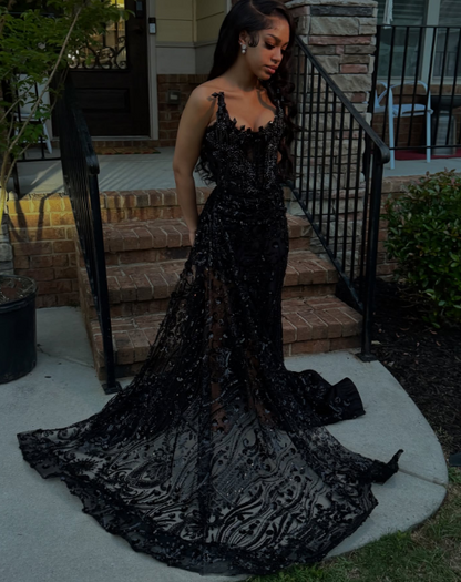 Gorgeous Black Lace Beaded Mermaid Slit Evening Dress Prom Gown