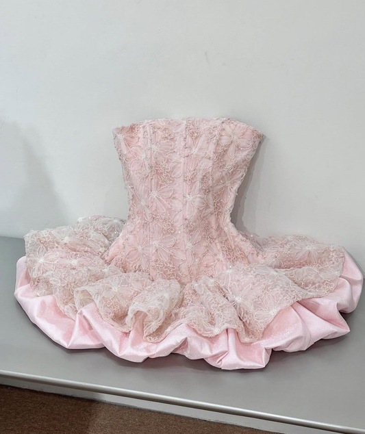 Cute Pink Strapless Satin Lace A Line Short Homecoming Dress Birthday Outfits SP163