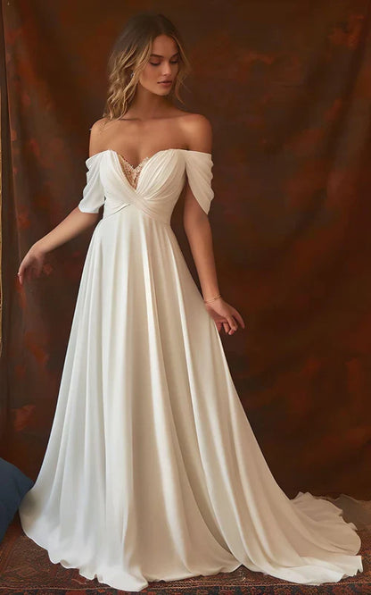 omberprom Elegant A-Line Chiffon Sleeveless Off-the-Shoulder Wedding Dress with Ruching Floor Length