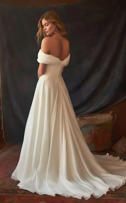 omberprom Elegant A-Line Chiffon Sleeveless Off-the-Shoulder Wedding Dress with Ruching Floor Length