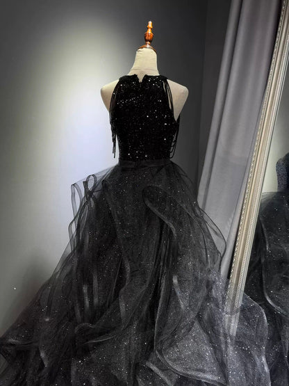 A-Line High Neck Tulle Ball Gown Sequin Black Prom Dresses With Beads