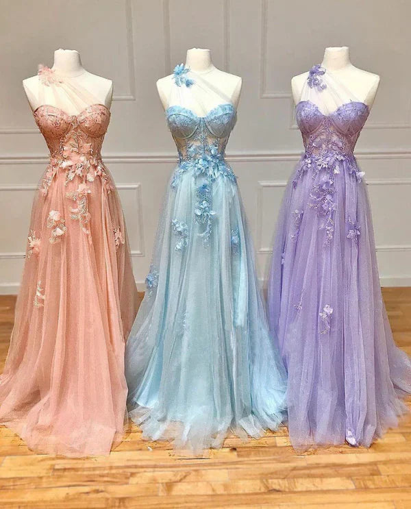 omberprom A Line Evening Dress One Shoulder Black Long Prom Dress with Appliques