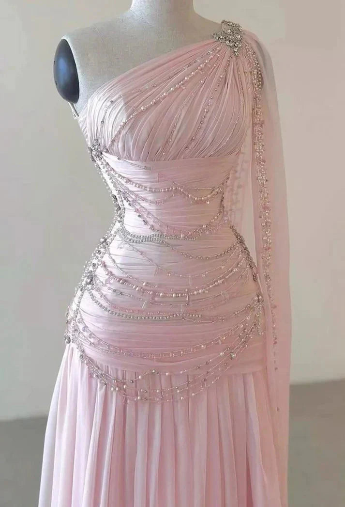 A Line One Shoulder Pink Chiffon Prom Gowns Prom Dresses (For Sue Nardi)