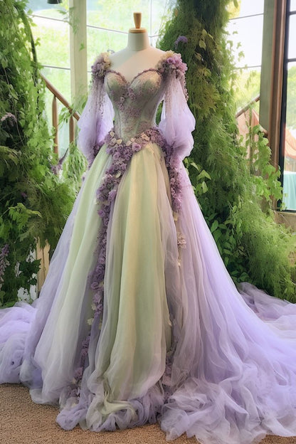 A Line Princess Floral Wedding Dresses Lace Applique Sweetheart Tulle Bridal Gowns