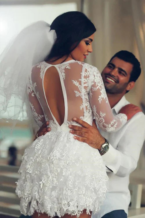 omberprom Elegant A-Line Scoop Lace Applique Long Sleeves Short-Mini Wedding Dresses