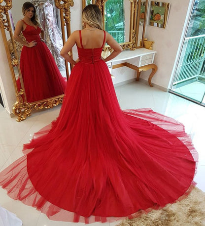A-line Red Tulle Prom Gown with Double Shoulder Straps,Formal Dress with Long Train