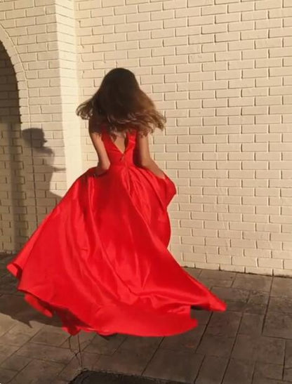 A-line Satin Red Prom Dress,V Neck Party Gowns with Pockets,Graduation Dress
