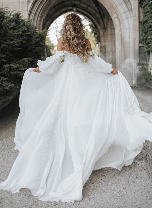 omberprom Elegant A-Line Sweetheart Long Sleeves Sweep Train Wedding Dress Simple Bridal Gown