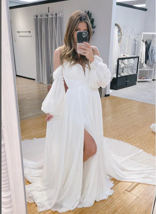 omberprom Elegant A-Line Sweetheart Long Sleeves Sweep Train Wedding Dress Simple Bridal Gown