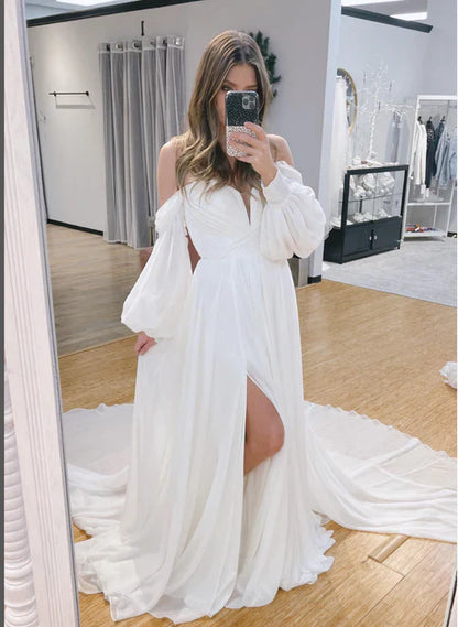 omberprom Elegant A-Line Sweetheart Long Sleeves Sweep Train Wedding Dress Simple Bridal Gown