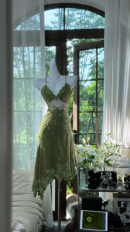 Retro Green Sequin Spaghetti Strap Romantic Sparkling  Chiffon Evening Dress Prom Dresses TP3959